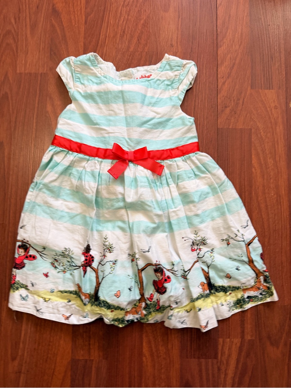 Girls' Aqua & White Striped Dress with Red Bow